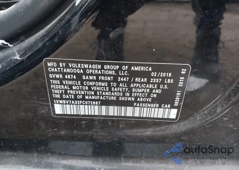2015 Volkswagen Passat 2.0L Tdi Se from USA, damaged, VIN 1VWBV7A32FC072687